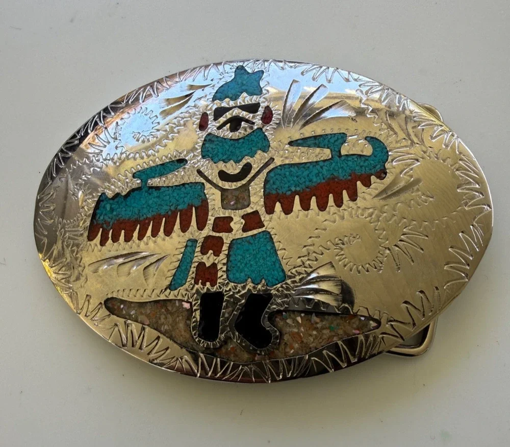 Vintage Southwestern Kachina Dancer Inlay Belt Buckle Crushed Stone Broken Hook